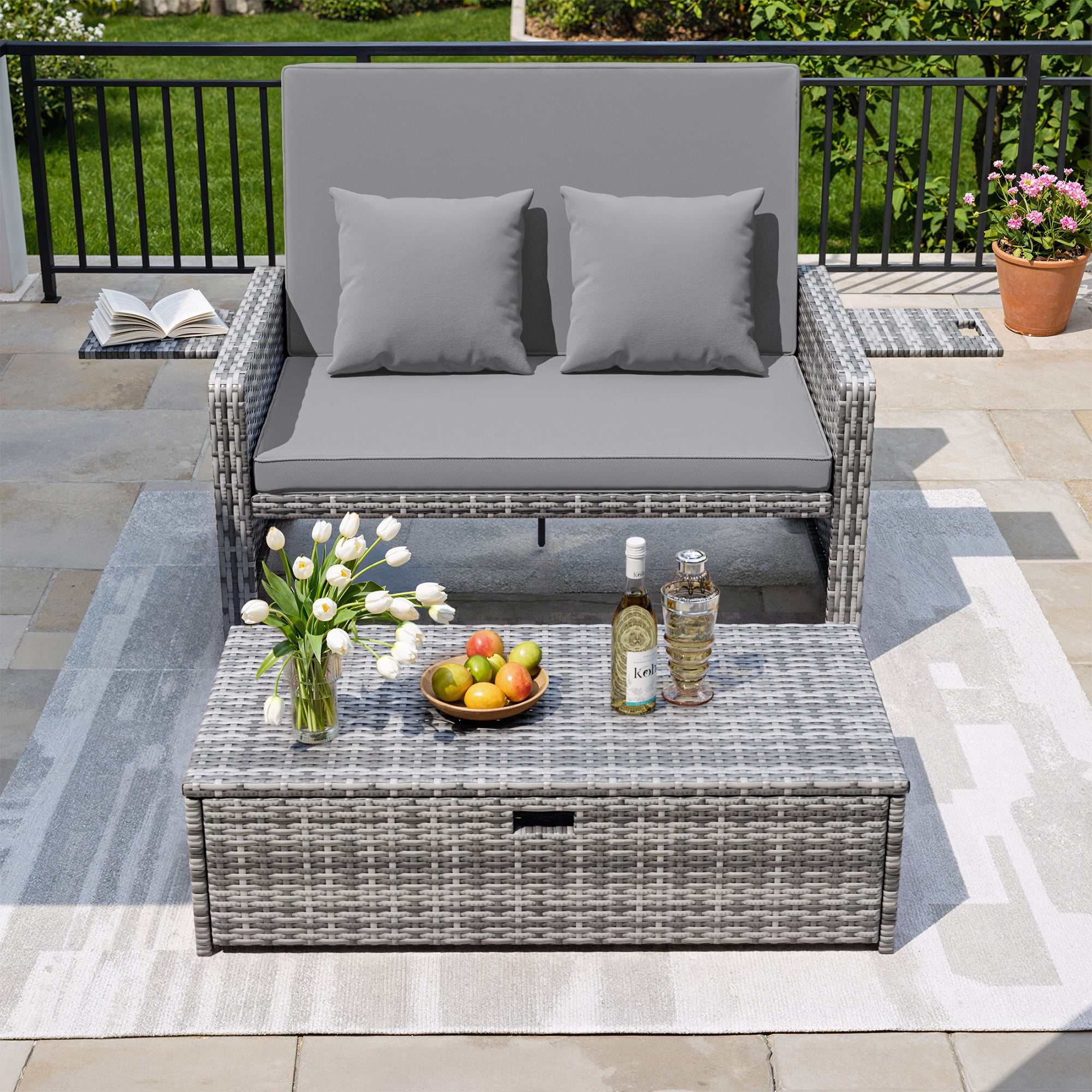 POTEBAN Wicker Outdoor Daybed-Outdoor Loveseat with Storage Ottoman, 4-Level Adjustable Backrest & Cushions for Balcony, Garden, Poolside (Gray)