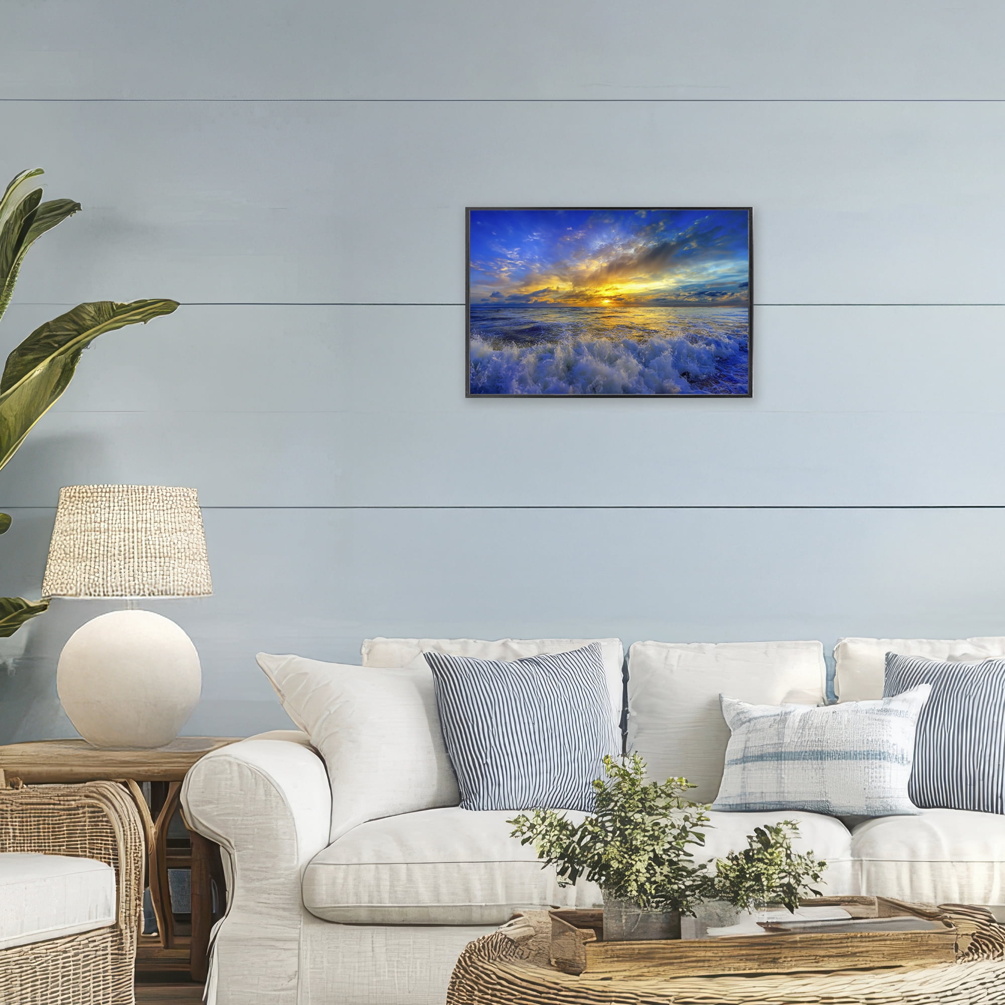 Stupell Industries Golden Blue Sunset over Waves Black Framed Giclee Art, design by Eszra Tanner