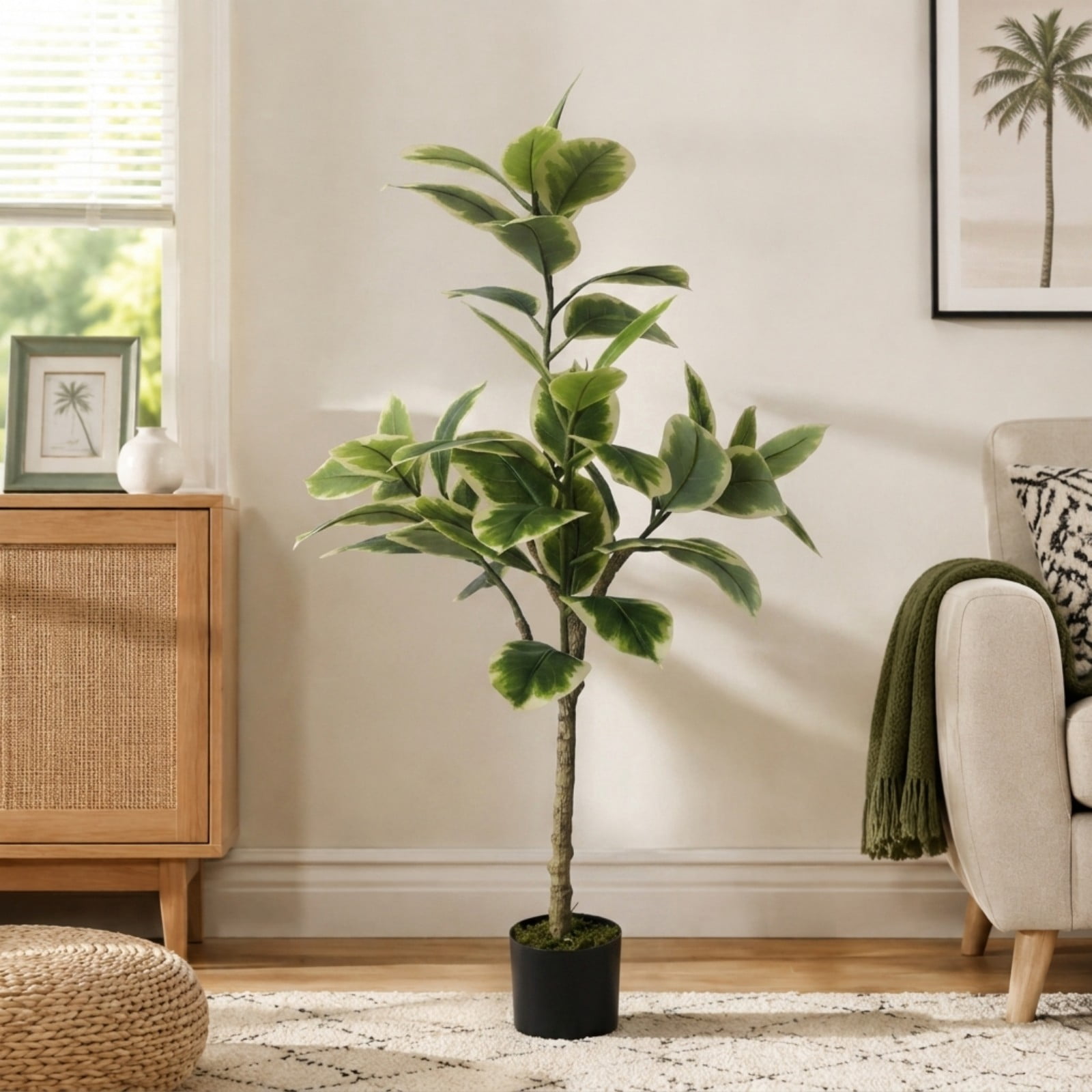 BEAUTYPEAK 4FT Artificial Plant Fake Indoor Rubber Tree Decorative Outdoor Greenery in Black Pot
