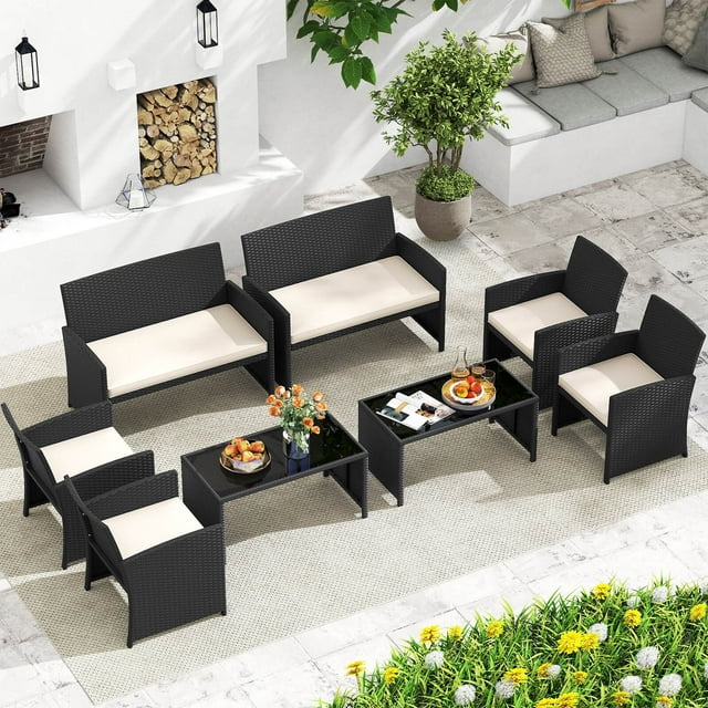 Costway 8 PCS Patio Conversation Set with Seat Cushions & Tempered Glass Tabletop, Porch White+Black