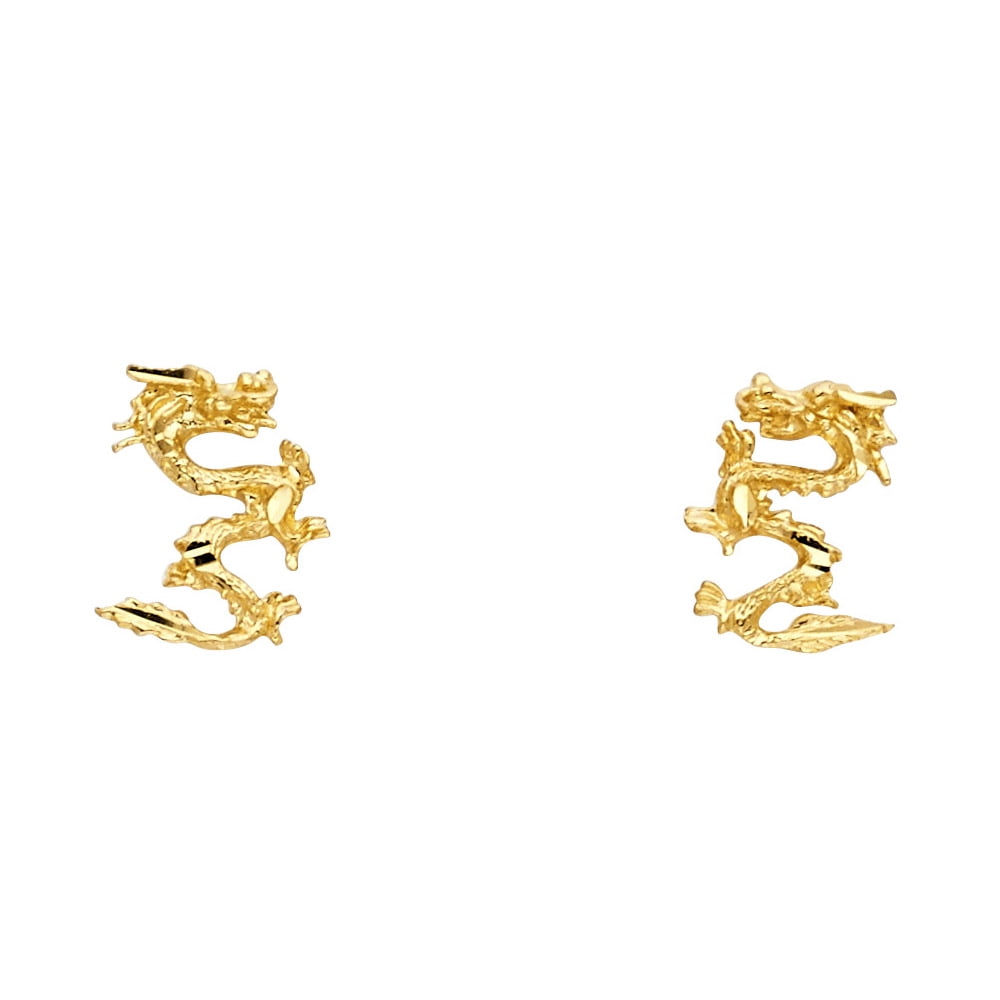 14K Solid Yellow Gold 11MM Men Women Diamond Cut Dragon Stud Earrings.
