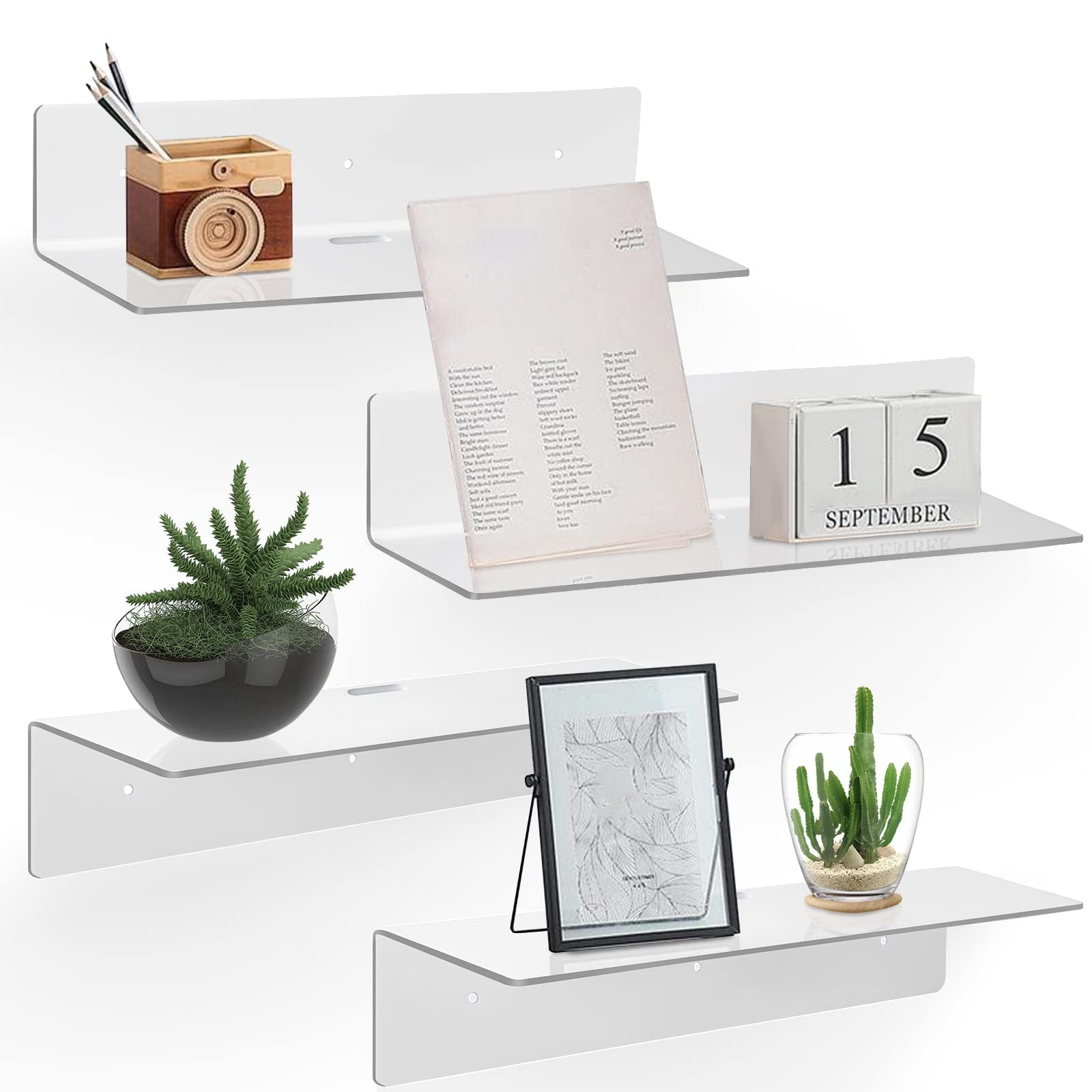 4 Pack Acrylic Floating Shelves, 9'' Acrylic Wall Shelves Display