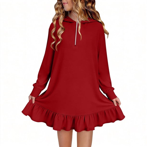 Vestidos de Manga Larga de las Niñas Tamaño 7-8 Lindo Color Sólido Suelto Vestido con Capucha, Vestido de Manga Larga de la Niña para el Uso Diario Informal