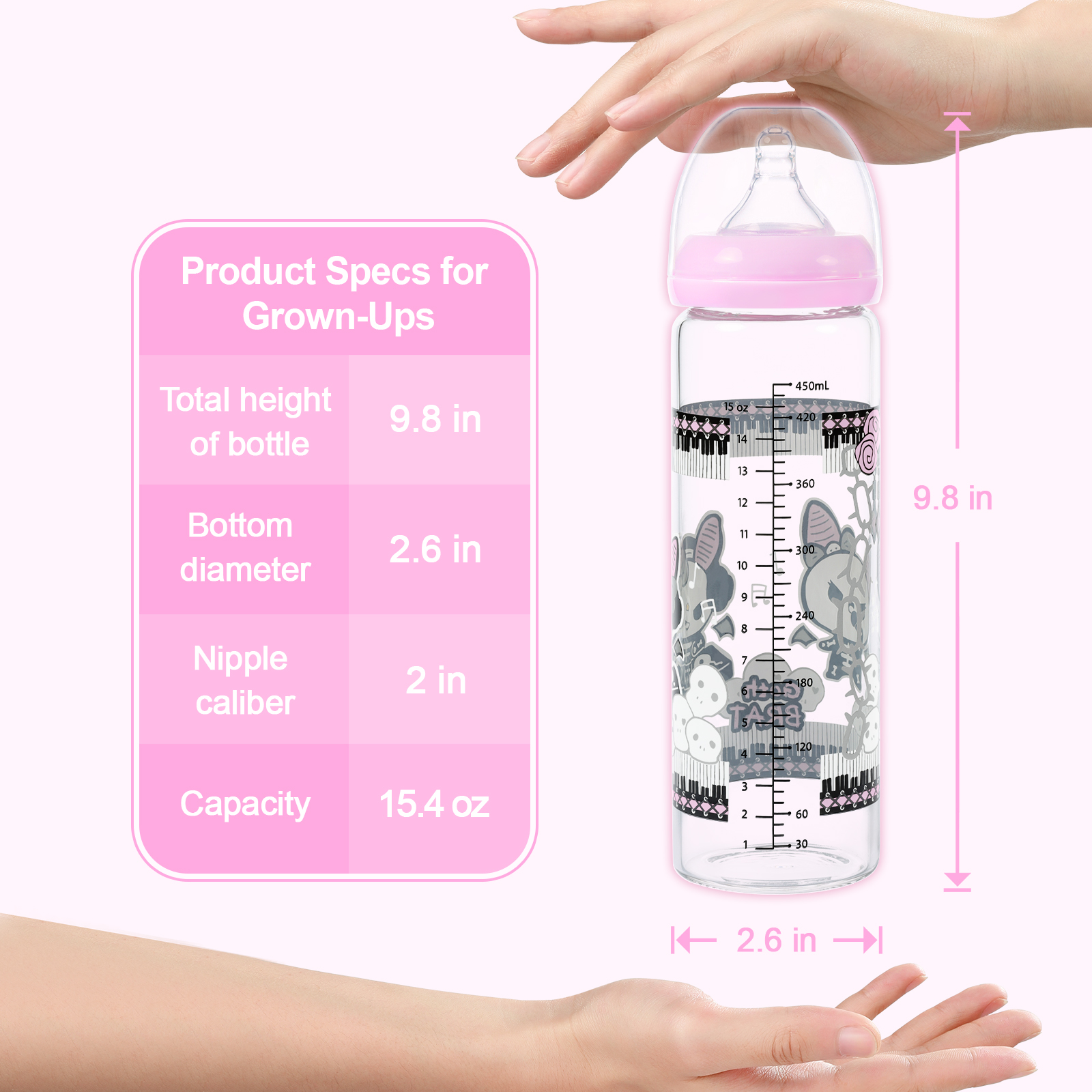 LittleForBig Adult Baby Bottle Ultra Printed Specialty Oversized Glass Feeding Bella Goth Brat Pattern