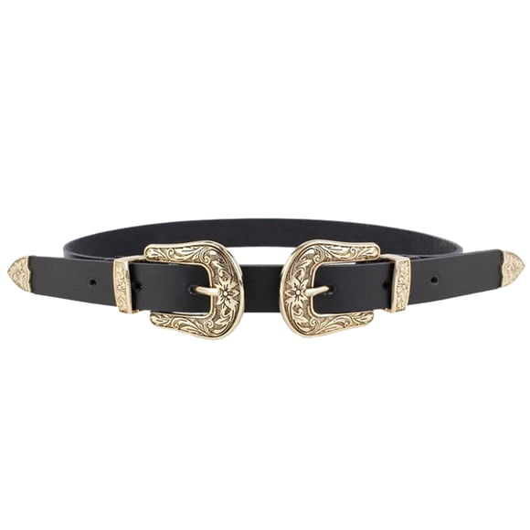 Billbianc Women's Leather Retro Cowgirl Vintage Western Double Buckle Waist Belt, Black