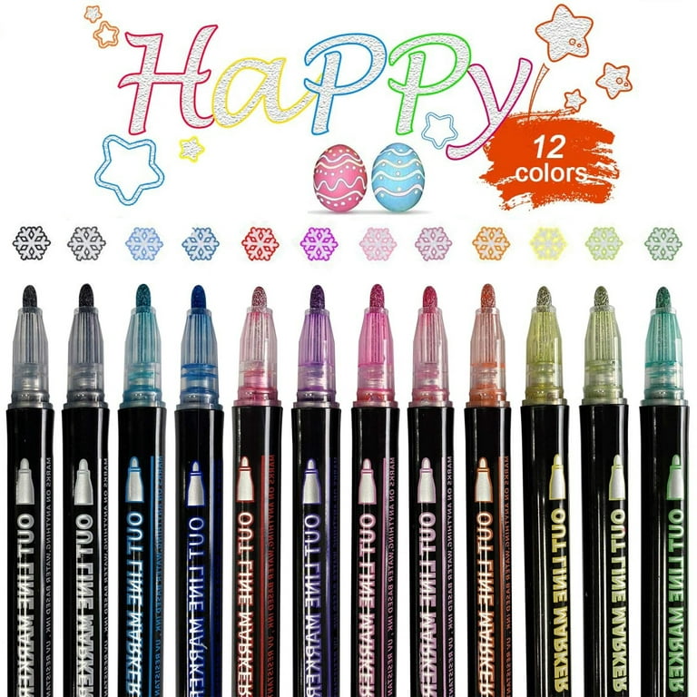 AKARUED Outline Shimmer Markers Set: Self Outline Metallic Marker Glitter  Pens Set, 12 Colors Double Line Pens Fancy Markers for Kids Ages 8-12
