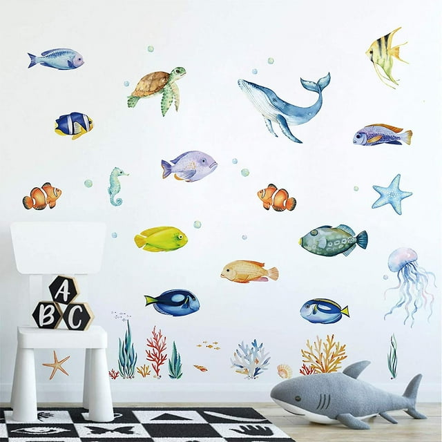 Pegatinas de pared bajo el mar, pegatina de pared Tropical, pez medusa, decoración de pared del océano, dormitorio