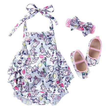 

Baby Girls Easter Sleeveless Cartoon Rabbit Bunny Printed Romper Bodysuits Hairband Shoes Set Outfit Clothes