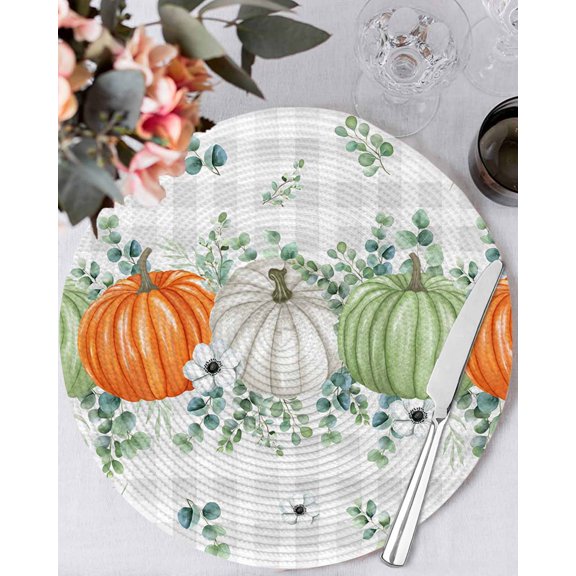13 Inch Round Placemats Set of 6, Fall Pumpkin Non Slip Heat Insulation PP Table Mats, Orange Green White Thanksgiving Leaf Plaid Washable Place Mats for Kitchen Dining Party Table Decor