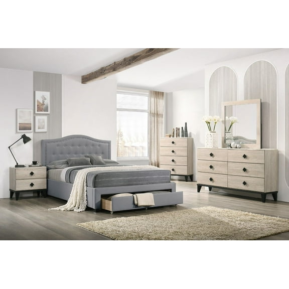 Transitional Light Gray Full Size Bed Dresser Mirror Nightstand 4pc Bedroom Set Tufted Burlap Fabric Storage Bed