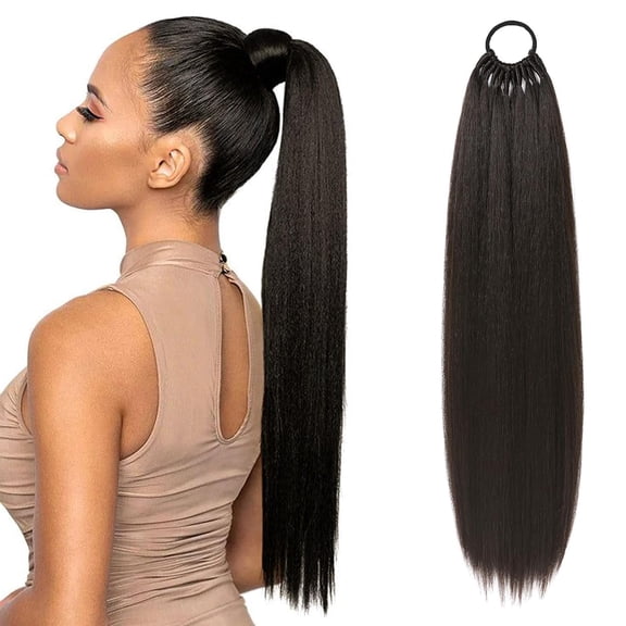 DAPRZIY 28 Inch Ponytail Extension, Versatile Elastic Band Ponytail Extension for Women, Long Straight Synthetic Ponytail Daily Hair Black Brown