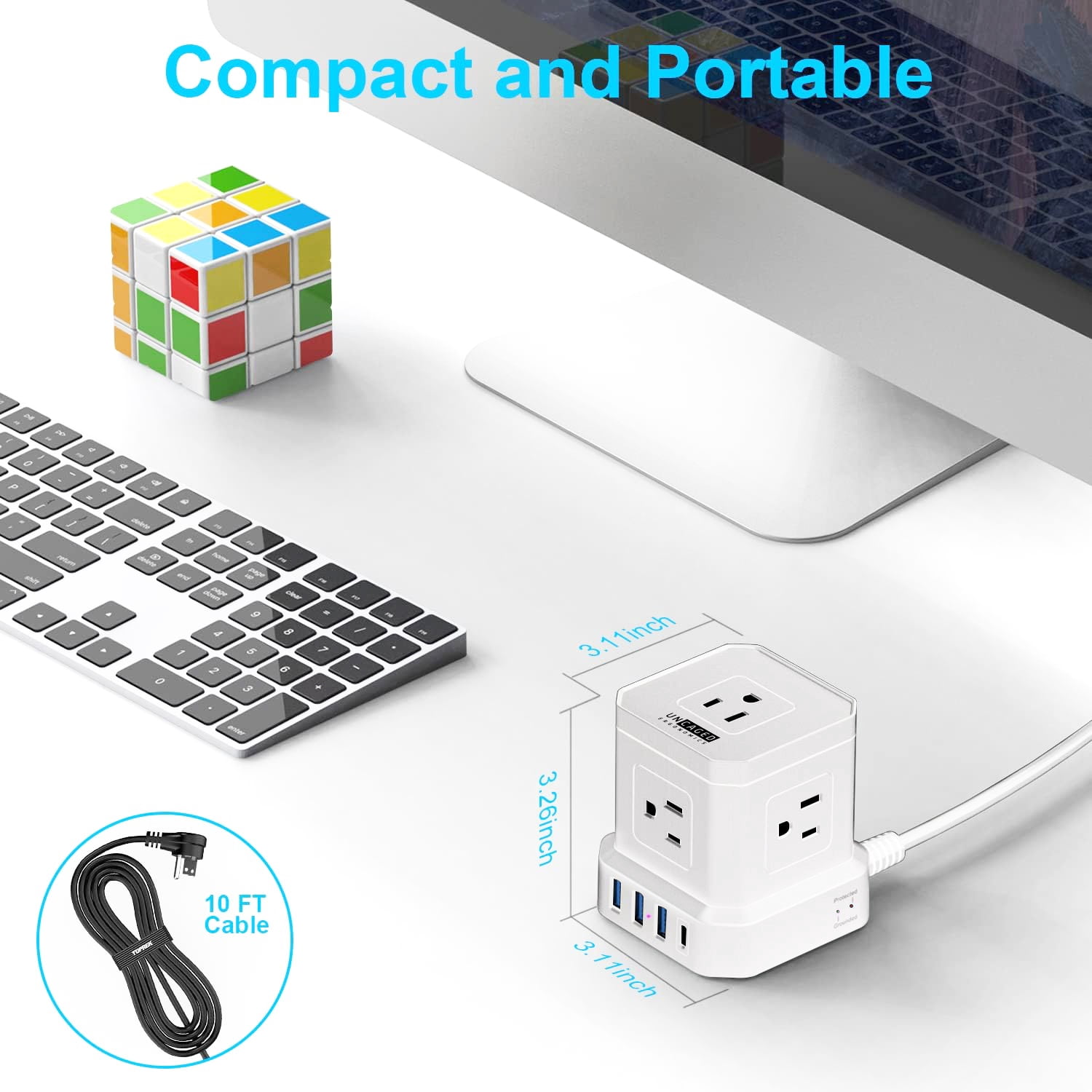 Cube Power Strip with Surge Protection – 10ft Extension Cord, 5 AC Outlets + 3 USB + 1 USB-C Fast Charging Ports, Mountable Charging Station with On/Off Switch