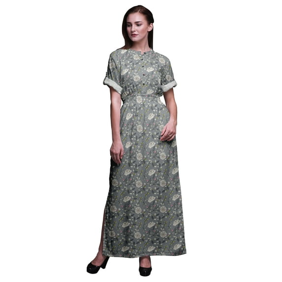 Bimba Rayon Leaves & White Flower Floral Ladies Long Gown Boho Beach Cocktail Party Maxi Slit Dress-X-Large