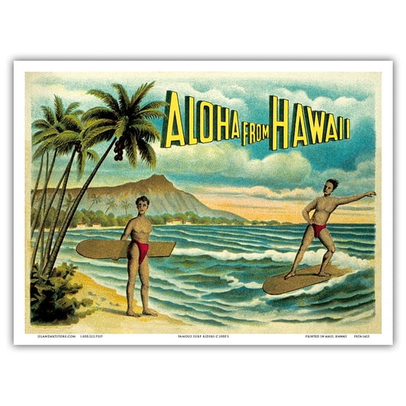 Aloha from Hawaii - Famous Surf Riders - Island Curio Co. Honolulu - Vintage Hawaiian Color Postcard c.1900's - Master Art Print (Unframed) 9in x 12in