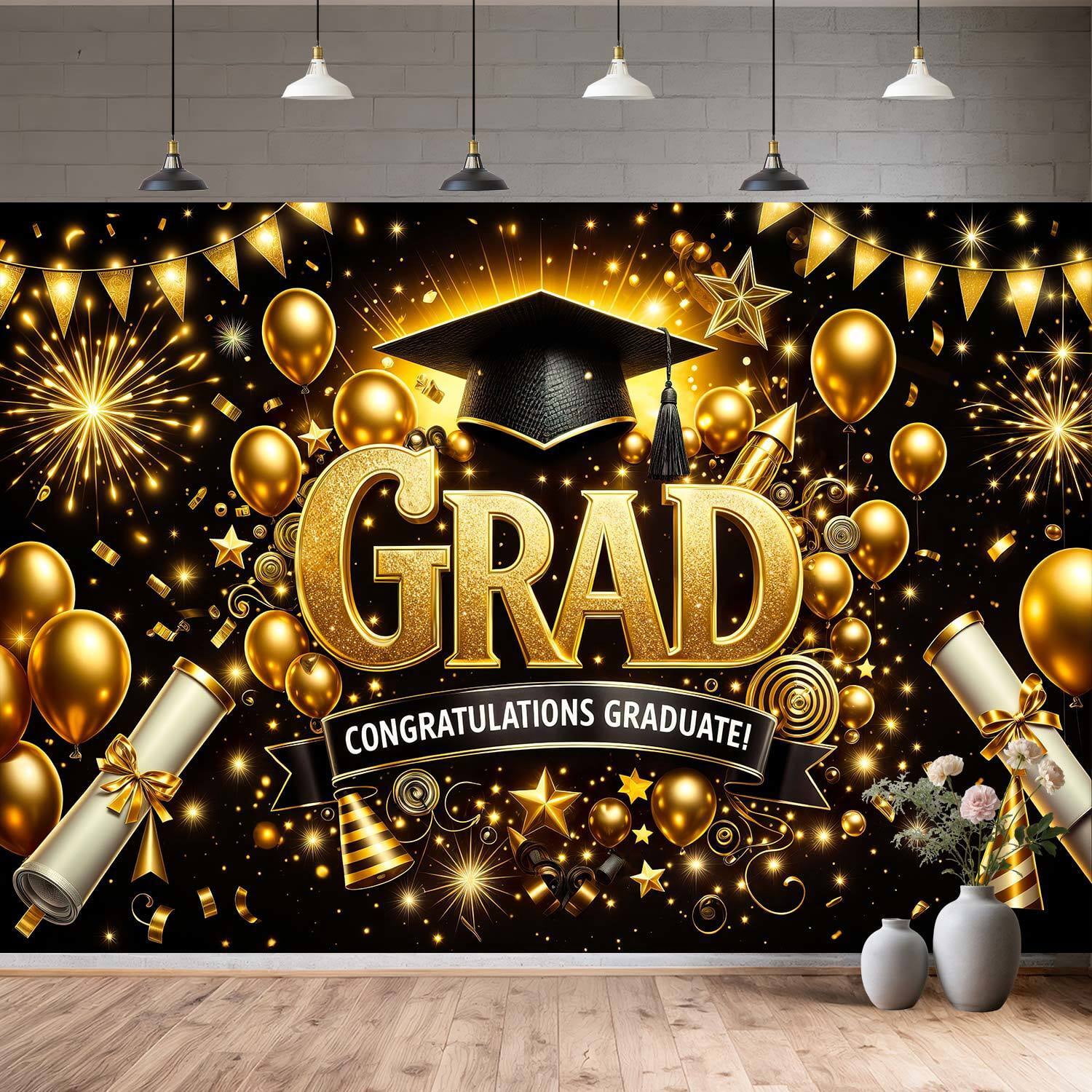 9x6ft Black and Gold Graduation Photography Backdrop, Congratulations Graduate Photo Booth Background with Cap Diploma Balloons, 2026 Grad Party Decor for High School College Graduation Supplies