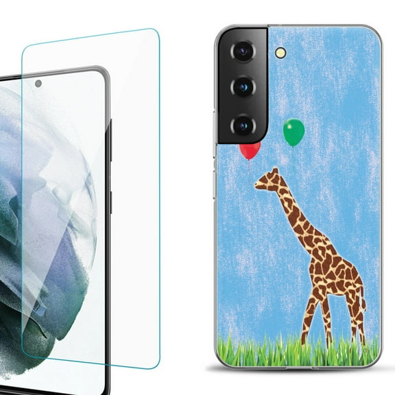 Slim-Fit Fashion Gel Phone Case for Samsung Galaxy S22  5G / S22 Plus 5G, with Tempered Glass Screen Protector, by OneToughShield ® - Giraffe/Balloon