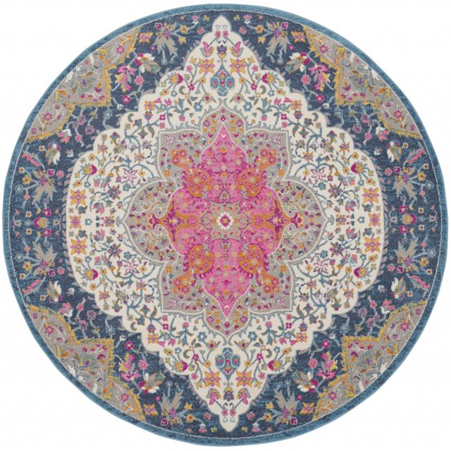 homeroots home decor 385751 8’ Round Blue and Pink Medallion Area Rug