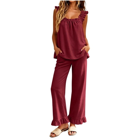 Lmueinov Womens Pajamas Set 2 Piece Ruffle Pajama Soft Tank Tops and Long Wide Pants Pocket Sleepwear Lounge Sets for Women Set Sleeveless, S-2XL