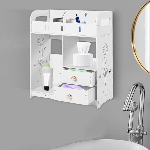 ChicHomey Bathroom Wall Mount Cabinet with 2 Drawer,33lbs Capacity,White PVC, Toilet Storage Shelf Cupboard Organizer for Bedroom Vanity