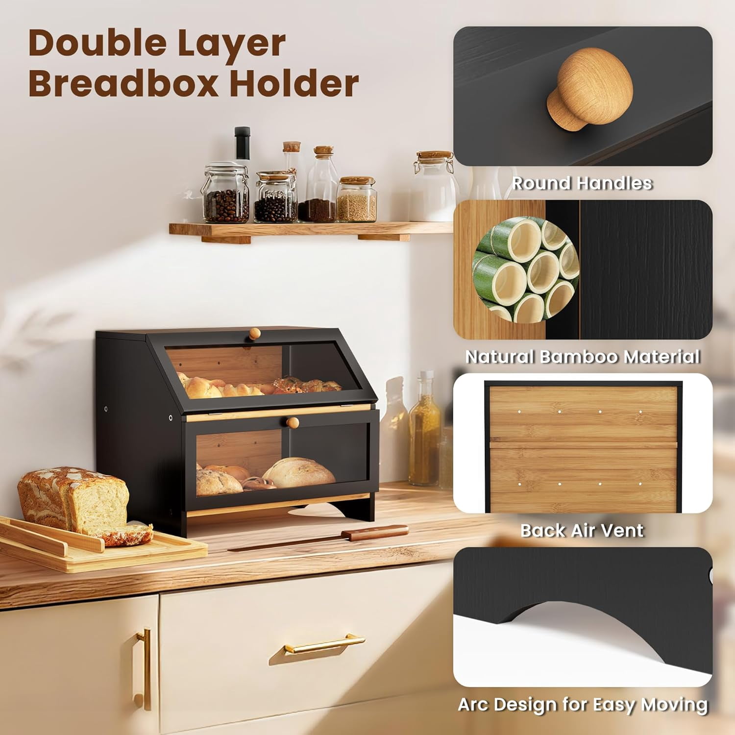 Double Layer Bamboo Bread Box for Kitchen Countertop, Large Capacity, Cutting Board, Stainless Steel Bread Knife, Double Layer Storage Container with Clear Windows, Black