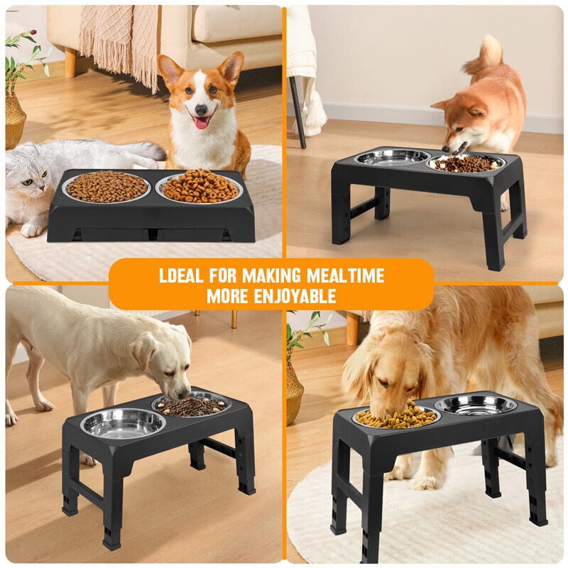 Adjustable Elevated Stand Double Dog Cat Bowls Raised Food &Water Feeding Dishes