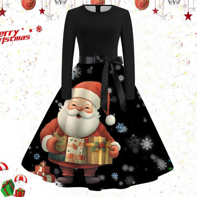 Vestido Rockabilly de manga larga con estampado de árbol de Papá Noel para mujer, vestido de fiesta de Navidad, Pin up, Vintage, invierno, 2023