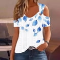 thumbnail image 2 of YUGYXL Eyelet Tops for Women Cold Shoulder Floral Blouse Scoop Neck Shirts Dressy Casual Blouses Summer Vacation Outfits Tops Blue Top M, 2 of 5