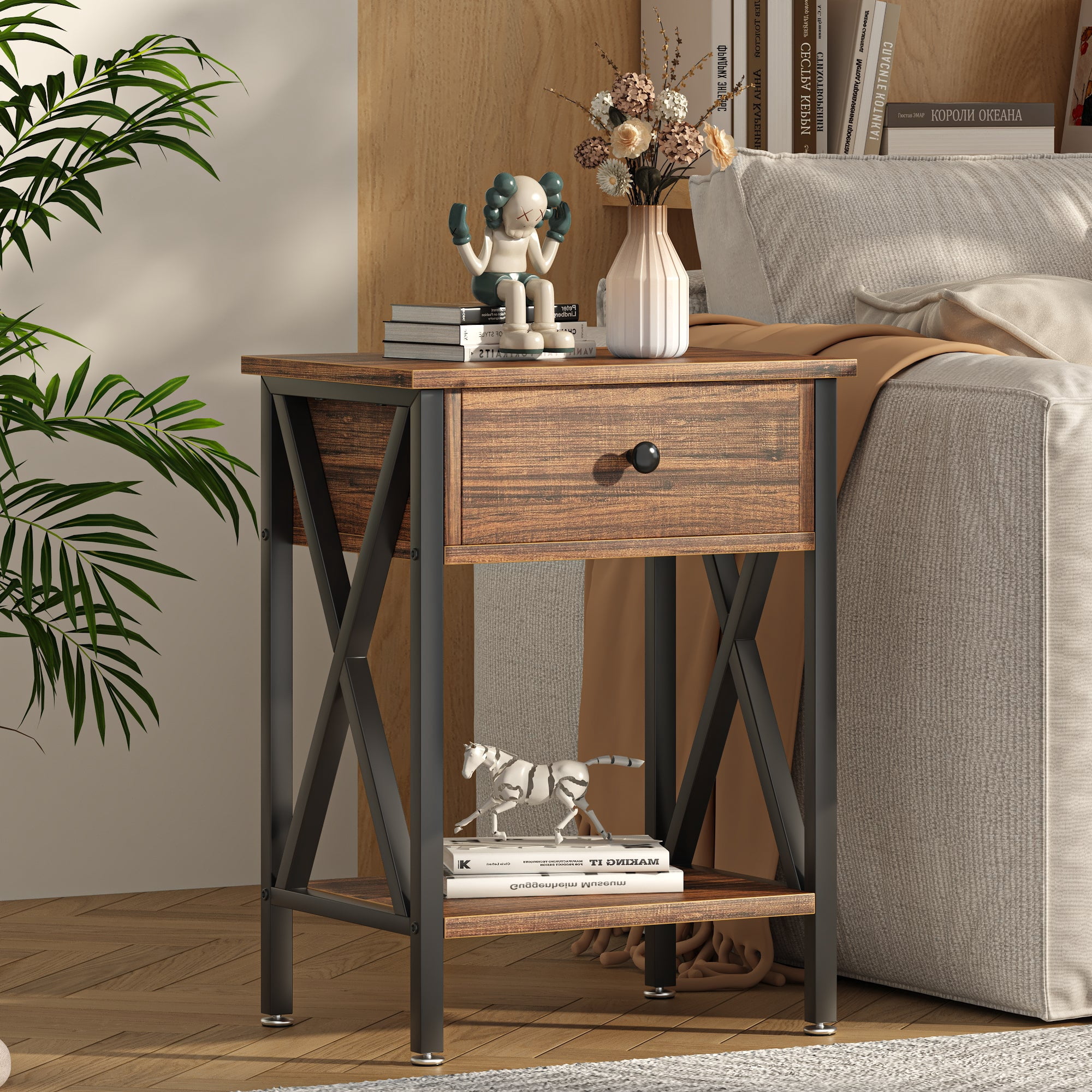 VECELO Nightstands Set of 2, Industrial End Table with 1-Drawer & Storage Shelf, Small Bedside Table Organizer for Small Space, Side Table for Bedroom Living Room, Dark Brown