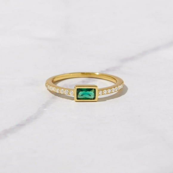 Dainty Simple Emerald Stacking Ring, Baguette Ring, Goldplated Minimalist Ring, Simple Zircon Ring, Sterling Silver Ring, Thin Ring Delicate Ring