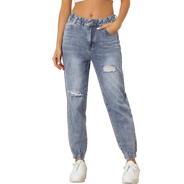 Jeans jogger rasgados INSPIRE CHIC para mujeres, pantalones de mezclilla cargo elásticos de uso casual gris azul XS