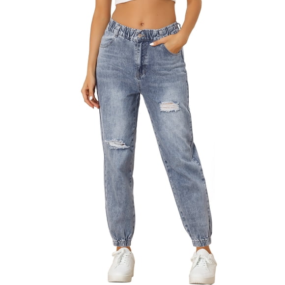 INSPIRE CHIC Ripped Jogger Jeans for Women's Casual Elastic Waist Distressed Cargo Denim Pants Grey Blue S