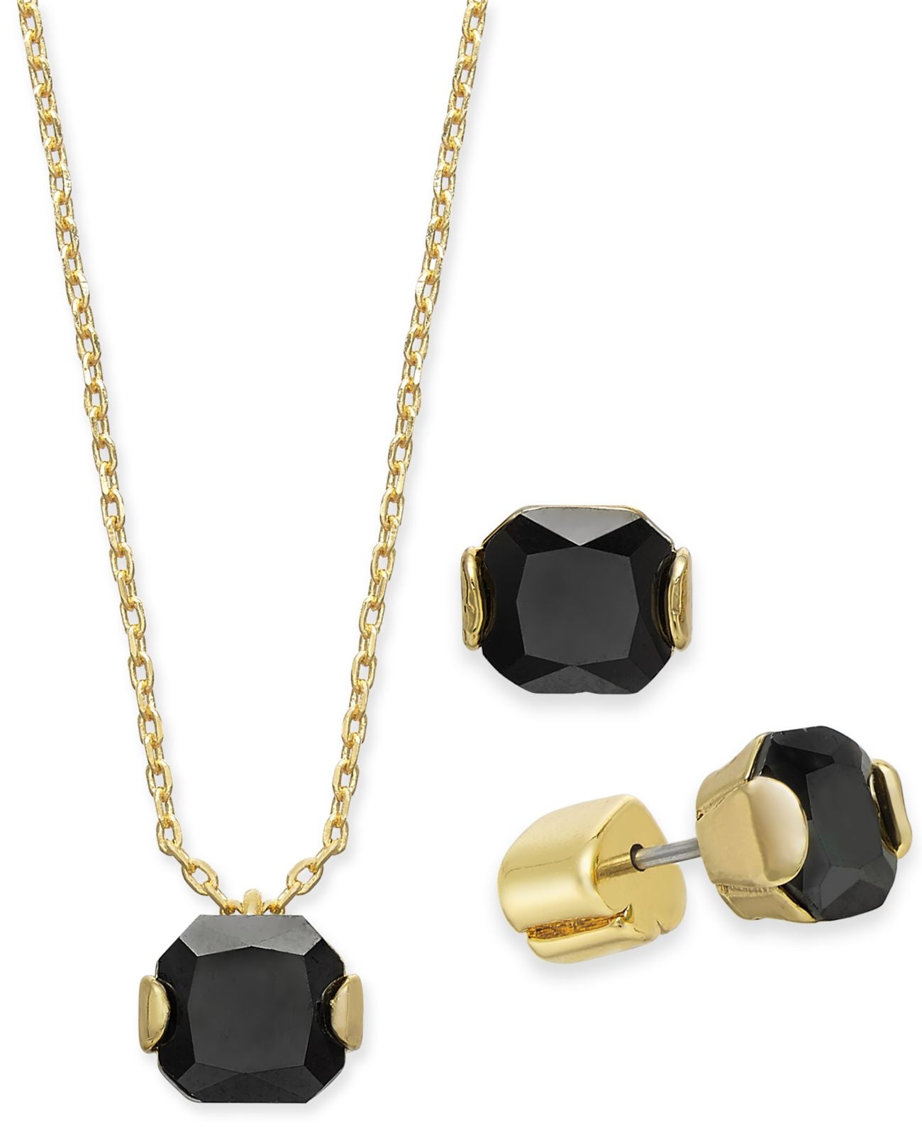 Kate Spade New York Gold-Tone Princess-Cut Cubic Zirconia Pendant Necklace  & Stud Earrings Set, 16″ + 3″ Extender – Black 