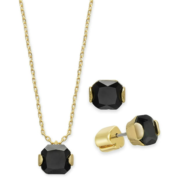 Kate Spade New York Gold-Tone Princess-Cut Cubic Zirconia Pendant Necklace  & Stud Earrings Set, 16″ + 3″ Extender – Black 