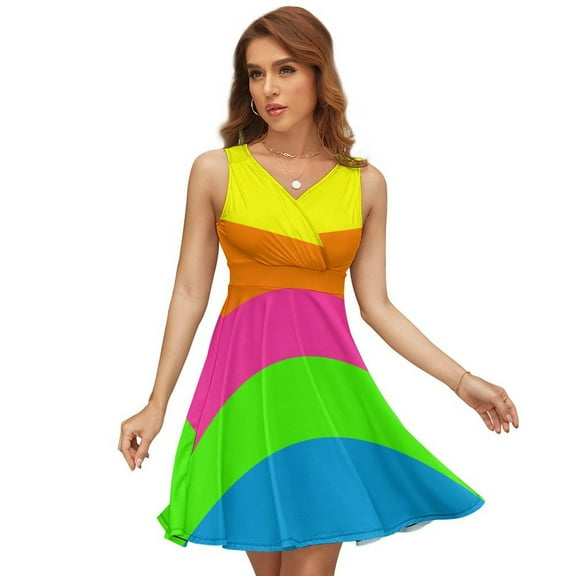 PLAIN SOLID NEON FLUORESCENT RAINBOW STRIPES 5 COLORS Dress Summer Street Style Dresses Female Sleeveless Printed Sundress
