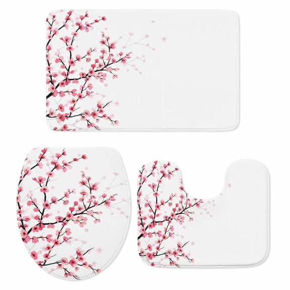 Cherry Blossom Bath Mat 3 Piece Bathroom Rug Set, Spring Pink Floral Branches Watercolor Non Slip Bath Rug Contour Mat and Toilet Lid Cover, Absorbent Shower Mats Soft Bath Rugs and Mats Sets