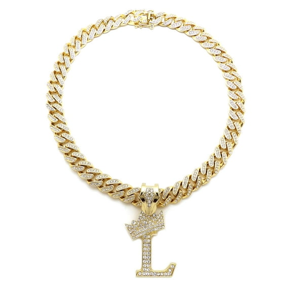 Stone Stud Crowned Initial Pendant with 12mm Iced Out Miami Cuban Chain Necklace, Letter L/Gold-Tone/18"