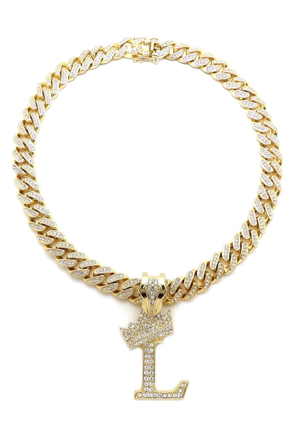 Stone Stud Crowned Initial Pendant with 12mm Iced Out Miami Cuban Chain Necklace, Letter L/Gold-Tone/18"