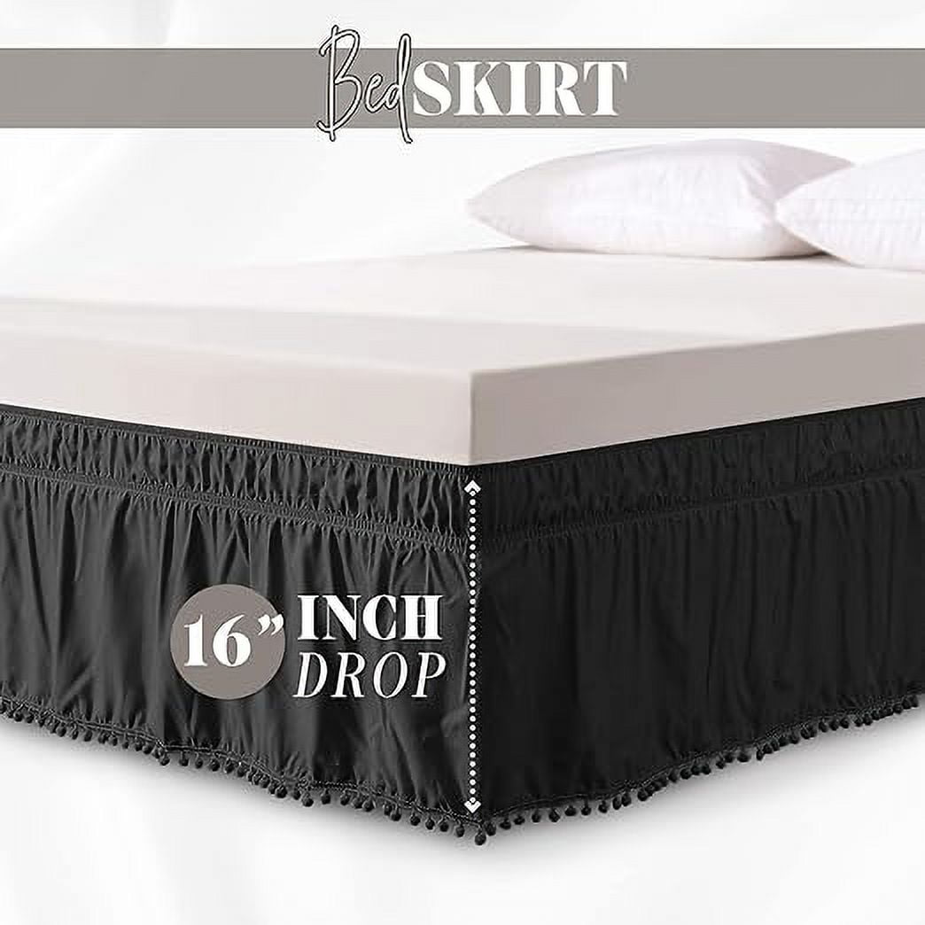 Elegant Comfort Ella Collection 1-Piece Pom-Pom Bed Skirt - 16-Inch Drop, 1500 Thread Count, Easy Wrap Around Elastic, Wrinkle Resistant, Queen/King, Black of Night
