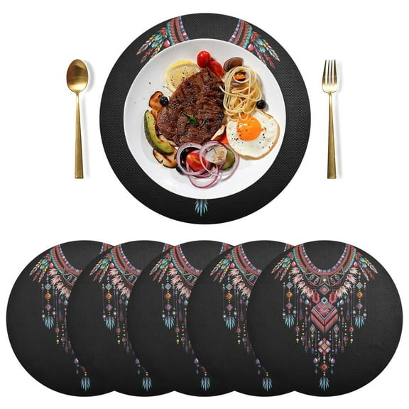 Oriental Necklace Black Round Placemats Plate Mats 15 Inch Non-Slip Heat Resistant Washable PVC Set Indoor for Kitchen Dining Table 1PC