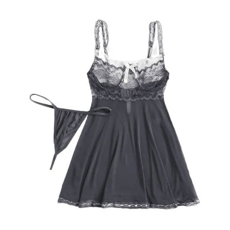 

Intimates Women Floral Contrast Lace Bow Set Lingerie Nightwear Underwear Sleepwear Spandex Dress for Women Casual Grey
