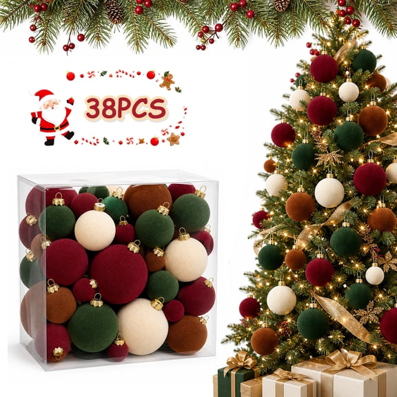 Niaygoze 38PCS Velvet Christmas Ball Ornaments,Flocked Shatterproof Christmas Balls Kit for Christmas Trees Decorations