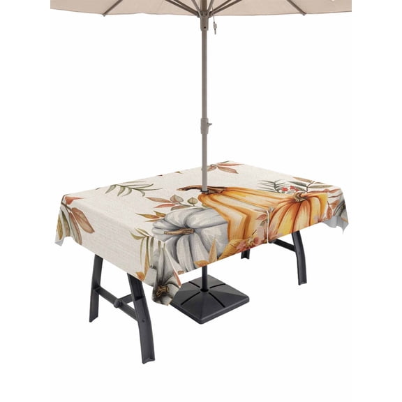 Outdoor Tablecloth with Umbrella Hole and Zipper, Fall Pumpkins Rectangle Table Cloth 54x80 Inch Waterproof Tablecloth, Thanksgiving Country Flower Leaf on Linen Picnic Table Cover for Patio Camping