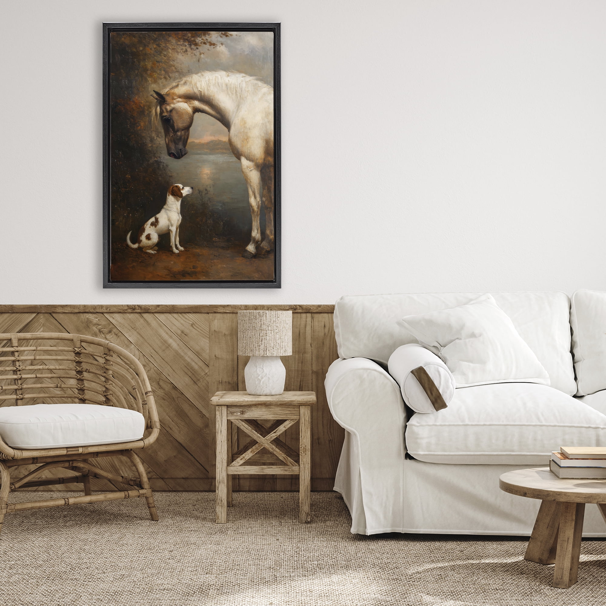 Stupell Industries Hound & Horse Vintage View Black Framed Floater Canvas Wall Art, design by Petal Prints Design
