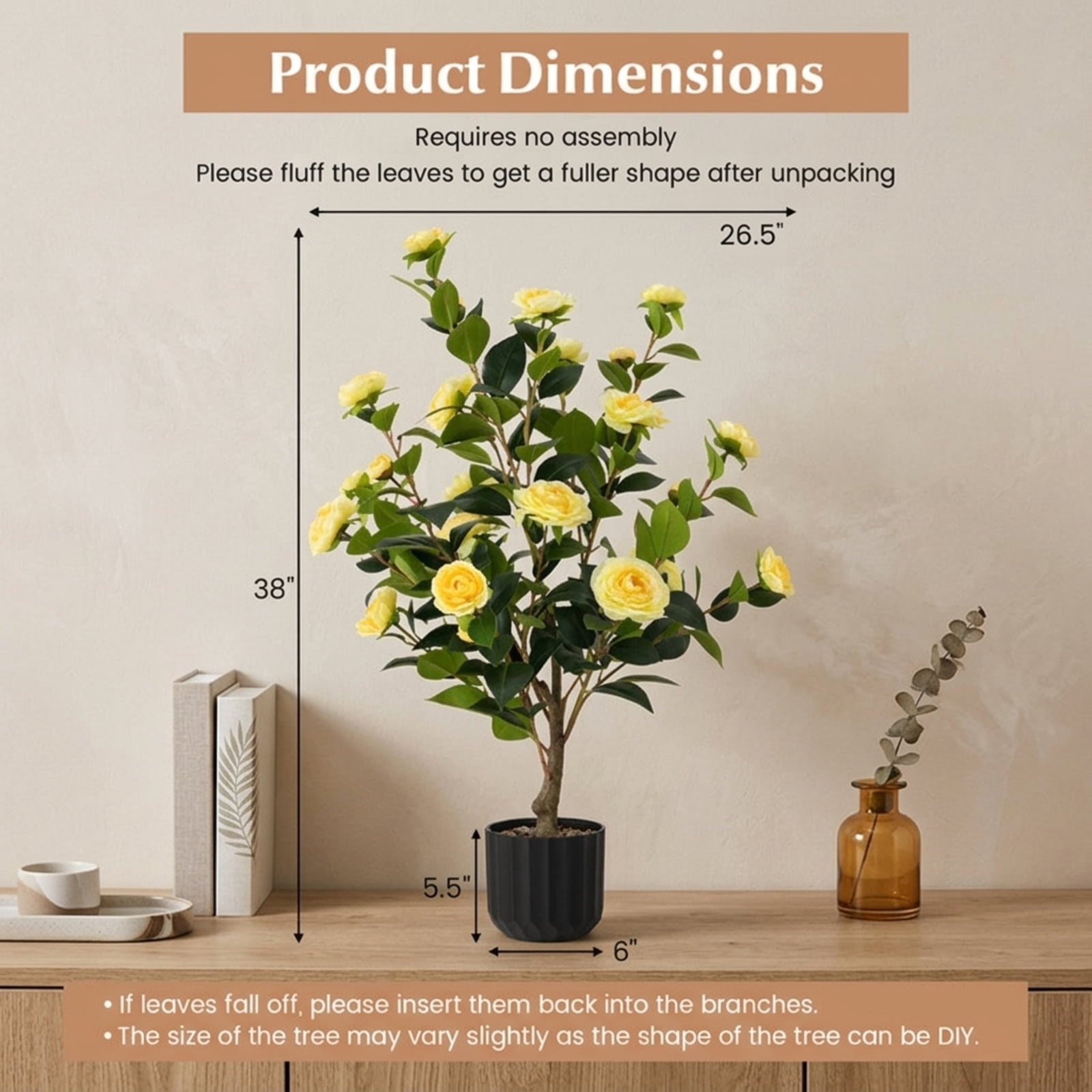 Vebreda Artificial Plant Decor, 38 Inch Artificial Camellia Tree Faux Flower Plant in Cement Pot, Gorgeous and Vivid Appearance