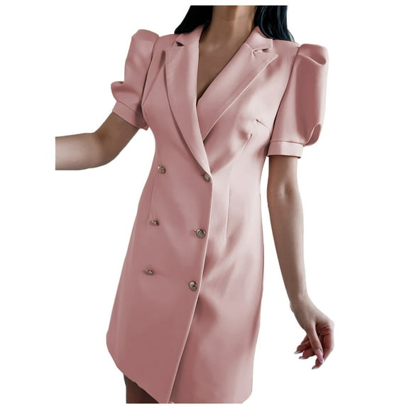 Women's Casual Blazer Dresses Lapel Double Breasted Puff Short Sleeve Solid Mini Dress Work Office Dresses Suit Dress