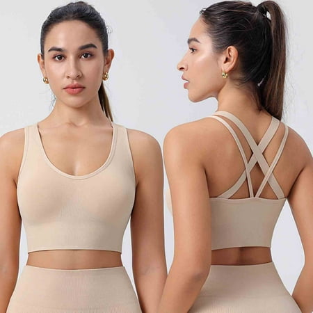 POIUYTR Padded Sports Bra for Women  Workout Strappy Tank Top Cross Back Racerback Seamless Comfortable Yoga Bra