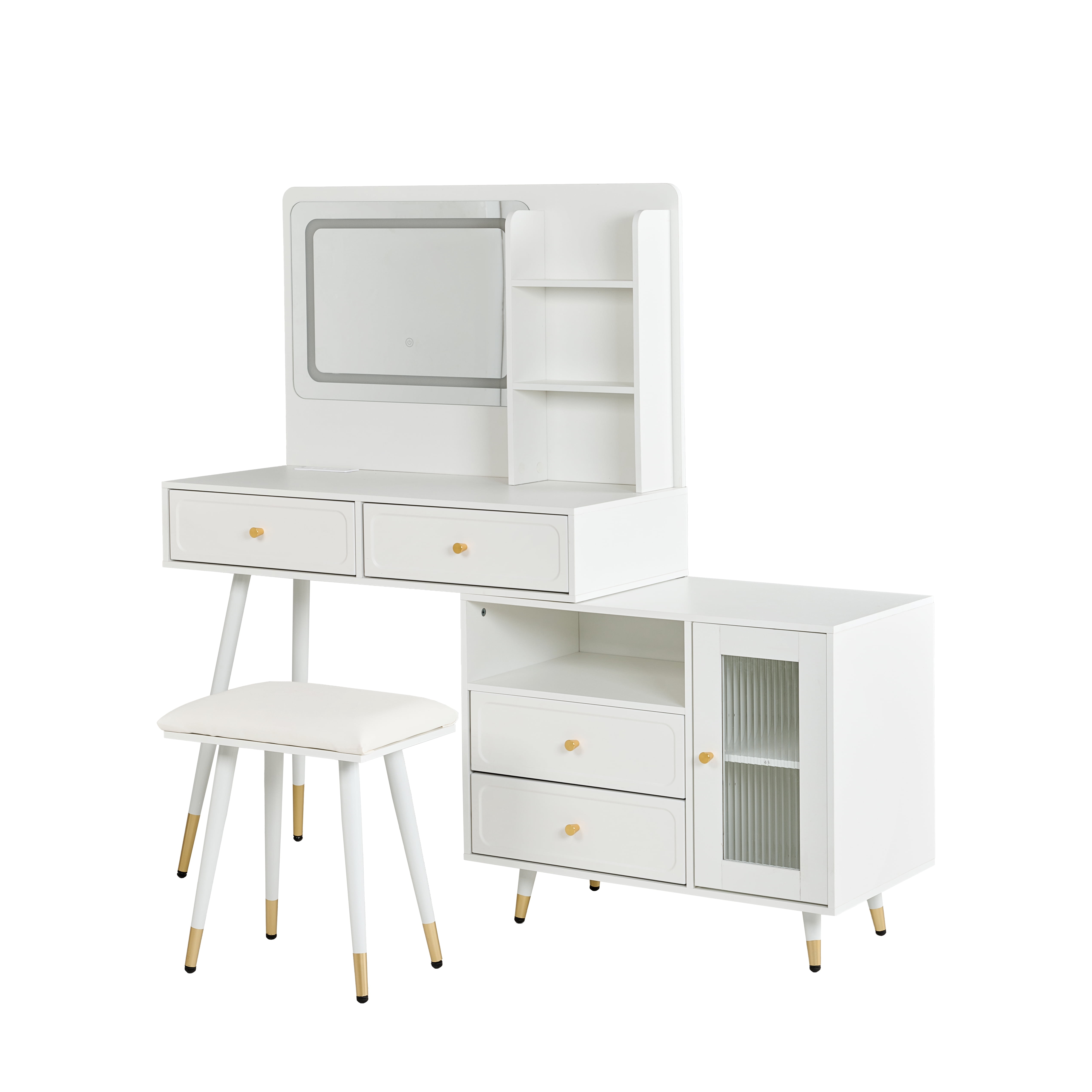 Yoneston Vanity Set with LED Lighted Mirror, 4 Storage Drawers, Movable Cabinet & Upholstered Stool, Makeup Table Set with Charging Station for Bedroom, White