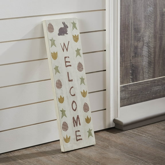 VHC Brands Easter Welcome Wooden Sign 20x6, Easter/Spring Decor, Dining Room Entry Living Room Sign, Painted, Spring In Bloom Collection, Rectangle 20x6, Welcome Bunny Star Egg, Coffee Brown