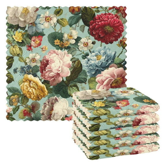 6PCS Dish Towels and Dish Cloths Reuseable Dishcloths Sets for Washing Dishes, Cooking, Baking Size 11" x 11" Floral Pattern with Roses