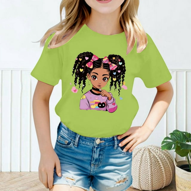 Catégorie de Produit Hauts, T-Shirts et Chemises pour Filles - T-Shirt à Manches Courtes à Col Rond Imprimé Mignon pour Fille, Mode, Été, Confortable, Décontracté, Ample, T-Shirt Hauts